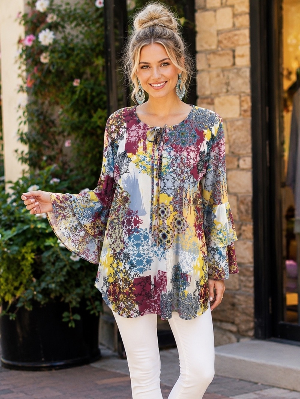 Reba Multicolor Floral Boho Tunic M Tie Neck Tiered Bell Sleeve